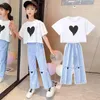 Giyim setleri 5-12 yıl genç kızlar pamuk yaz moda mektubu üstleri denim geniş bacak pantolon 2 adet kıyafetler çocuk eşofman