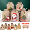 Present Wrap Christmas Linen Packaging Bag Santa Claus Elk Print Drawstring Cookie Candy Pouch för Xmas Year Party Presents förvaring