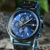 Wristwatches BOBO BIRD Mens Wooden Watch Classic Blue Military Chronograph Top Quartz Wristwatch Japanese Movement Box Custom 230905