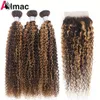 Синтетические парики P4 27 Bundel Rambut Manusia Keriting Jerry Cokelat dan Pirang Madu dengan 4X4 Ekstensi Remy Peru Penutupan Renda 220G Set 10 24In 230905