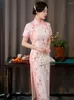 Etniska kläder Elegant Summer Long Silk Cheongsam Retro Fashion Catwalk Bankett Qipao Kinesisk traditionell stil Kvällsklänning för kvinnor