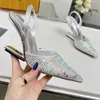 Top Quality Brand Sandals Women Wedge Heel Designer Shoes Fashion Crystal Decoration 10CM Shaped Heels Wrap Toe Pointed Ankle Strap Back Empty Dress Shoe
