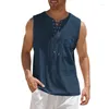 T-shirts pour hommes été coton et lin à manches courtes gilet chemise à lacets haut à la mode couleur unie T-Shirt