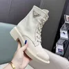 2023 Designer Brushed-leather and Re-Nylon Boot Autumn Winter snowshoes Womens Ankle Booties Round Toe black Boots metal triangles shoes size 35-41
