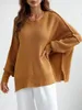 Suéter feminino com gola redonda, suéter de malha outono inverno manga comprida com fenda lateral pulôver túnica sólido solto casual