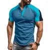 Homens Camisetas América Estilo Verão Moda Homens Contraste Cor Patchwork Manga Curta Henry T-shirt Stand Collar Básico Tee Slim Fit Esporte