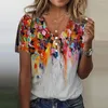 女性用Tシャツ夏のグラディエントプリント半袖Vネックボタン中空肩衣装ハラジュクカジュアルメスシャツ