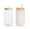 Stock USA CA Warehouse 16oz sublimering Glas Blanks Bambu Lock Frosted Beer Can Borosilicate Tumbler Mason Jar Cups Mugg med plaststrå 50pc/c 4.23