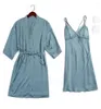 Women's Sleepwear Red Satin Lace Robe Set Home Clothes Sexy Kimono Bath Gown Nightgown Short Women Night Dress Twinset Intimate Lingerie