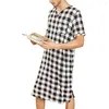 Mäns Sleepwear Mens Lattice Short Sleeve V Halning Nightgown Nightwear Plaid Tryckt Skjorta Nightshirt Casual Loose Home Wear