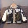 Jackets Baby Boys Letter Print Baseball Coat Stripes Collar Spring Faux Leather Moto Jackets for Children Racing Biker Coat FY11073 230906