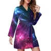 Ropa de dormir para mujer Púrpura Galaxy Pijama Bata Espacio exterior Nebulosa Estrellas Estética Manga larga Cuello en V Estampado Pijamas Batas Vestidos de moda