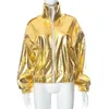 Damenjacken Mode glänzendes Gold Silber PU-Lederjacke Frauen Revers Reißverschlusstaschen lose metallische Hiphop Punk Lady Outcoats