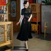 Vêtements ethniques Traditionnel Col Mandarin Manches courtes Satin A-Line Cheongsam Femmes Chinois Bouton À La Main Qipao Robe