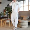 Herrspårar Summer Chinese Traditional Linen Tang Suit Cotton T-Shirt Pants