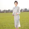 Ethnic Clothing Winter Short Sleeve Cheongsam Stand Collar Fashion Chinese Traditional Chiffon High Split Qipao