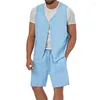 Herrespår 2023 Sommarväst och shorts Casual Two Piece Set Cotton Linen Solid ärmlös Button Cardigan Tank Top Suits Outfits Man