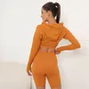 Women's Two Piece Pants Hoodies Short Sets Yoga Workout Sportswear Woman Gym Long Sleeved Sport Crop Top Skims Fitness 3 Set Clothing Brown 230906