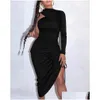 Basic Casual Jurken Sexy One Shoder Dstring Ruches Bodycon Jurk Vrouwen Solid Lange Mouw Halverwege de Kuit Nachtclub Party Drop Levering Dhen9