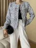 Kadın Ceketleri Gevşek Mavi Tüvit Büyük Boyut Zarif Ceket Yuvarlak Boyun Uzun Kollu Kadınlar Ceket Moda Gelgit Bahar Sonbahar O589