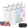 USA/CA Warehouse Stocked 20oz Sublimation Blanks Tumbler Heat Press Straight Skinny Sublimation Tumbler with lid and Straw