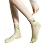 Женские носки, прозрачные супертонкие короткие чулки с вышитыми цветами, кружевные ажурные носки
