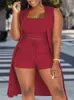 Women's Plus Size Tracksuits Casual Outfits Three Piece Set Solid Ribbed Round Neck Tank Top Drawstring Shorts Split Hem Cardigan 230906