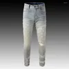 Herr jeans mode streetwear män ljus grå blå elastisk smal fit rippad tryckt designer märke hip hop denim punk byxor