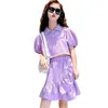 Ensembles de vêtements Été adolescentes vêtements ensemble à manches courtes haut court jupe à volants 2pcs enfants fille tenues violet vert costume 6 8 10 12 14