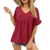 Women's T Shirts Summer Casual V Neck Pleated Shirt Doll Loose Ruffled Top Corduroy Jacket