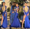 Feestjurken High Neck Gold Appliques Royal Blue Prom Black Girl Sexy Split Open Back Avondjurken Junior afstudeerderkleding