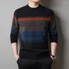 Мужские свитера 2023, осенне-зимний свитер, пуловер в контрастную полоску с плюшевым утолщенным вязаным топом из синели с круглым вырезом