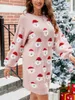 Freizeitkleider Damen Weihnachtspulloverkleid Weihnachtsmann-Aufdruck Langarm Rundhalsausschnitt Kurzer Herbst-Winter-Pullover