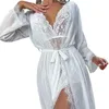 Kvinnors sömnkläder Sexig spets underkläder Nightdress Pyjamas Robe with Belt 3 Piece Pyjamas Suit Transparent Tulle Pijama Mujer