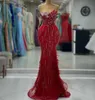 2023 Aso Ebi Arabic Red Mermaid Prom Dress Crystals Beaded Evening Formal Party Second Reception Birthday Engagement Gowns Dresses Robe De Soiree ZJ366