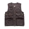 Gilets pour hommes hommes été rétro multi-poche gilet hommes vintage décontracté coton court style safari manteau ample gilet mâle