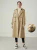 Womens Trench Coats FSLE 100% Cotton Khaki Long Women Coat Autumn Winter Turn Down Collar Clothes Causal Full Sleeve Belt 230906