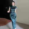 Roupas étnicas Vestido Chinês Cheongsam Chi-pao Elegante Retro Sexy Cintura Aberta Melhoria Qipao Verão Slim Envoltório Hip Imitação Cetim