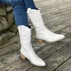 Boots Woman Cowgirl Fashion Slip on Brodery Ladies Elegant Square Heel Long Shoes Womens Winter Footwear 230905