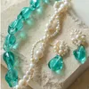 チェーンブルークリスタルビーズの本物の真珠編みネックレス女性のための不規則なボール夏の手作りビーチホリデージュエリー