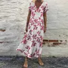 Sukienki swobodne Summer Kobiety Sundress Bohemian Floral Print Beach Maxi sukienka vintage v szyja krótkie rękaw duże kaftan vestido