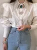 Kvinnor S BLOUSES SHIRTS Circyy French Vintage Blue Spring -knapp Up Shirt Pointed Collar Long Puff Sleeve Pearl Slim White Tops 230906