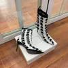 Brand Ankle Boots Women Elastic Knitted Designer Shoes 10.5CM High Heel Pointed Toe Socks Middle Boot Geometric Striped Genuine Leather Sole Banquet half boot 35-41