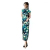 Ethnic Clothing Lady Ice Silk Qipao Cheongsam Dress Three-quarter Sleeves Long Modified Side Eight-button Double-layer Chinese Style