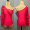 Palco desgaste vermelho baile de dança topos fora do ombro lanterna manga bodysuit tango dancewear prática latina baile valsa dl10537