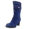 Blue Jeans Boots 여자의 중급 로마 로마 솔리드 슬립 온 Med Heels Boots Girls Shoes for Girls 신발을위한 큰 크기 35-43
