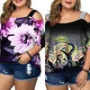 Kvinnors plus size tshirt cutout blommor tryck paljett tunika t shirt sommar kvinnlig av axel pullover toppar korta ärm femininas gordinha 230906