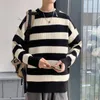 Men's Sweaters Striped Sweater Autumn Pullover Harajuku Street Green Round Neck Knit