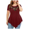 Camiseta de talla grande para mujer, Top sexy de encaje, cuello redondo floral sólido, tops asimétricos de tres cuartos, blusas elegantes de verano para oficina para mujer 230905