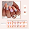 Falska naglar 3D Fake Set Accessories Gradient Orange Flowers Design French Almond Tips Faux Ongles Press On Acrylic Nail Supplies